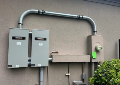 Two Generac electrical panels and a utility meter are mounted on a wall, connected by metal conduit pipes, with a bush partially visible below.