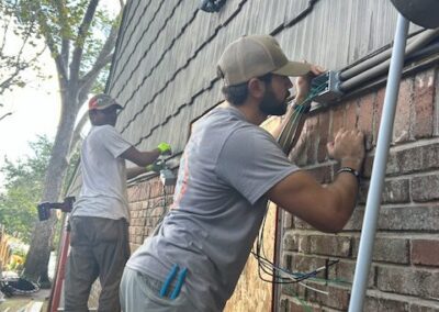 Two workers in casual attire install electrical equipment on the exterior brick wall of a building. One stands on a ladder, while the other works at ground level.